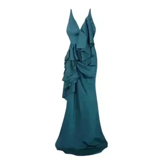 Solace London Deep Jade Ruffle Spaghetti Strap Satin Gown Size 6 NEW NWT! - Picture 7 of 8